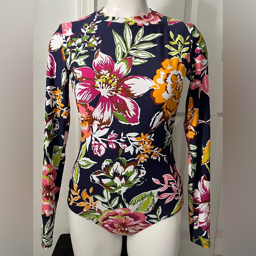 Anne Cole Floral Long Sleeve One Piece Swimsuit - Navy, Pink, Orange